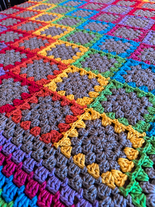 69x74 Handmade Med. Weight Crocheted Afghan | Old World Dutch Traditional Handiwork - Rainbow Granny Squares | Free Shipping!