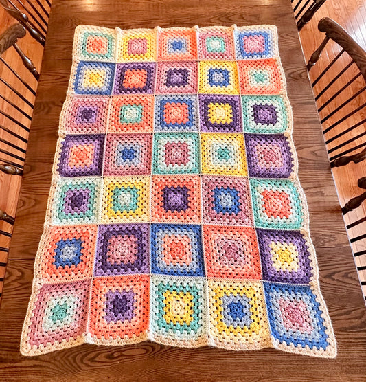 37x57 Handmade Med. Weight Crocheted Afghan | Old World Dutch Traditional Handiwork - Pastel Granny Squares | Free Shipping!