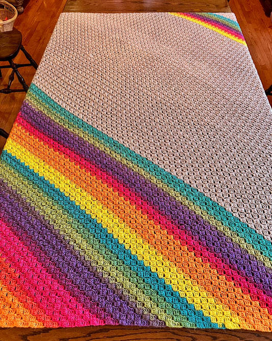 49x73 Handmade Lightweight Crocheted Afghan | Old World Dutch Traditional Handiwork - Diagonal Multi Color Stripes & Gray | Free Shipping!