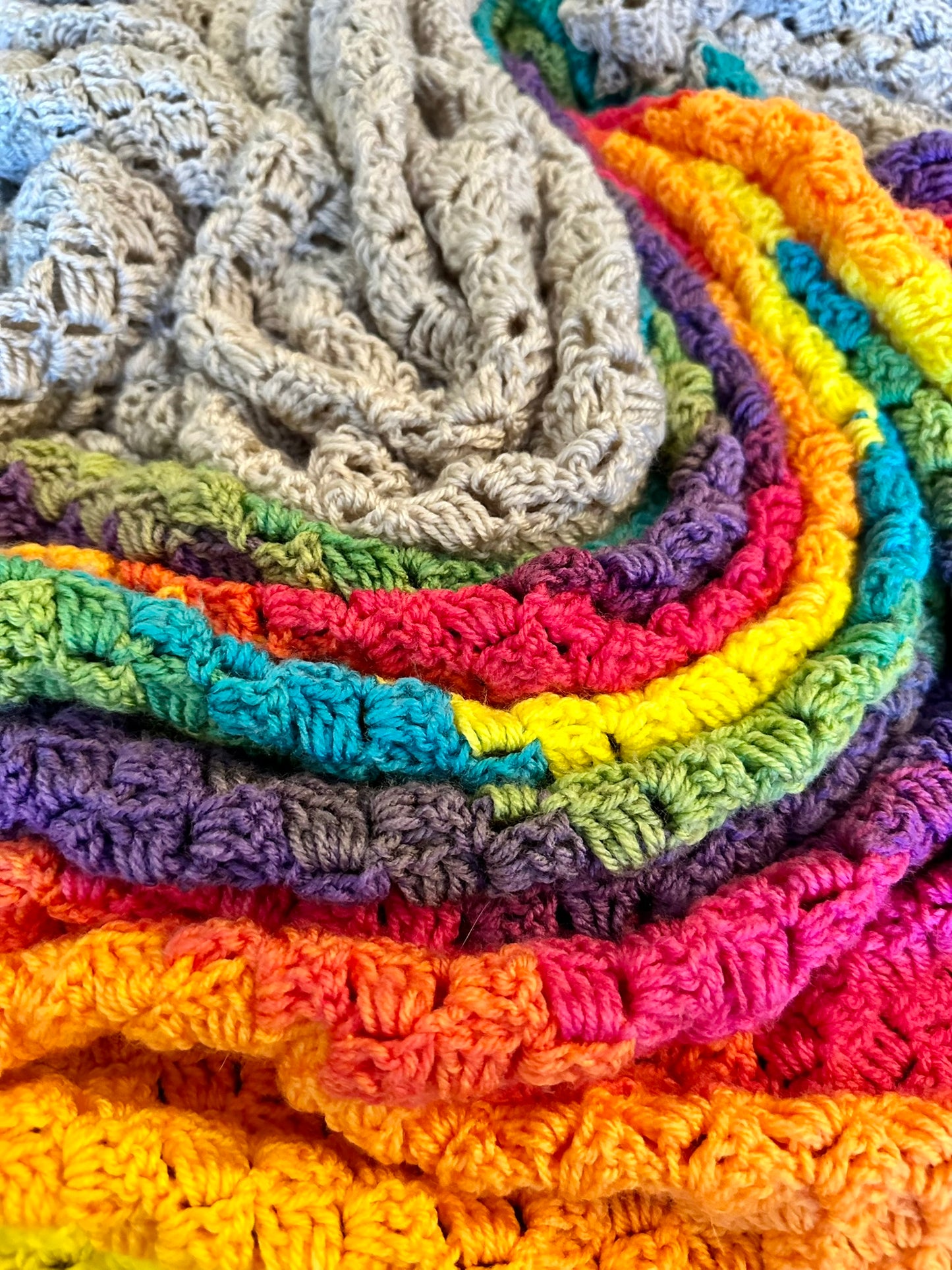 49x73 Handmade Lightweight Crocheted Afghan | Old World Dutch Traditional Handiwork - Diagonal Multi Color Stripes & Gray | Free Shipping!