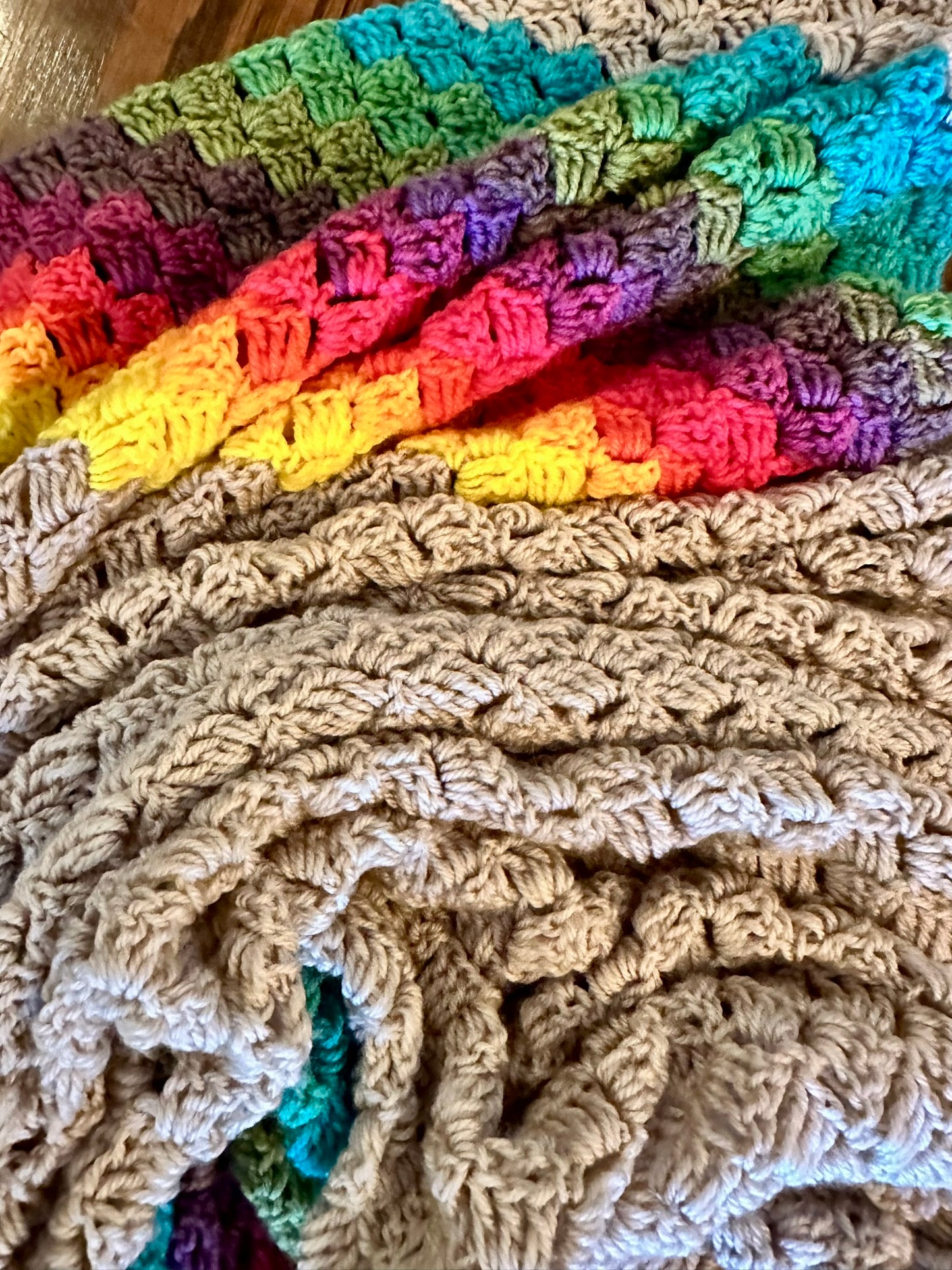 49x73 Handmade Lightweight Crocheted Afghan | Old World Dutch Traditional Handiwork - Diagonal Multi Color Stripes & Gray | Free Shipping!