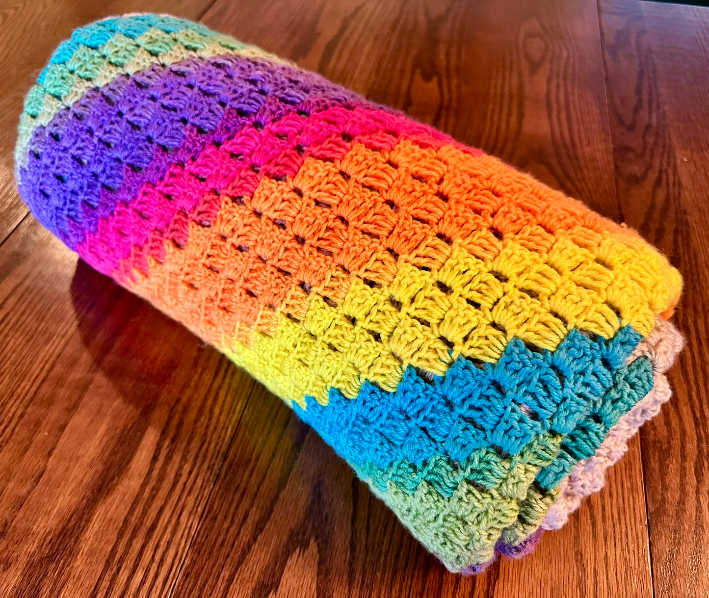 49x73 Handmade Lightweight Crocheted Afghan | Old World Dutch Traditional Handiwork - Diagonal Multi Color Stripes & Gray | Free Shipping!