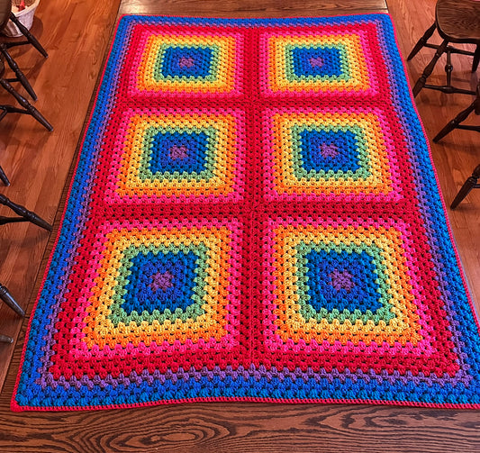 46x66 Handmade Lightweight Crocheted Afghan | Old World Dutch Traditional Handiwork - Big Rainbow Granny Squares | Free Shipping!