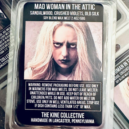 Mad Woman In The Attic - Sandalwood, Crushed Violet, Tattered Silk, Vanilla 2.4oz Artisan Soy Wax Melts