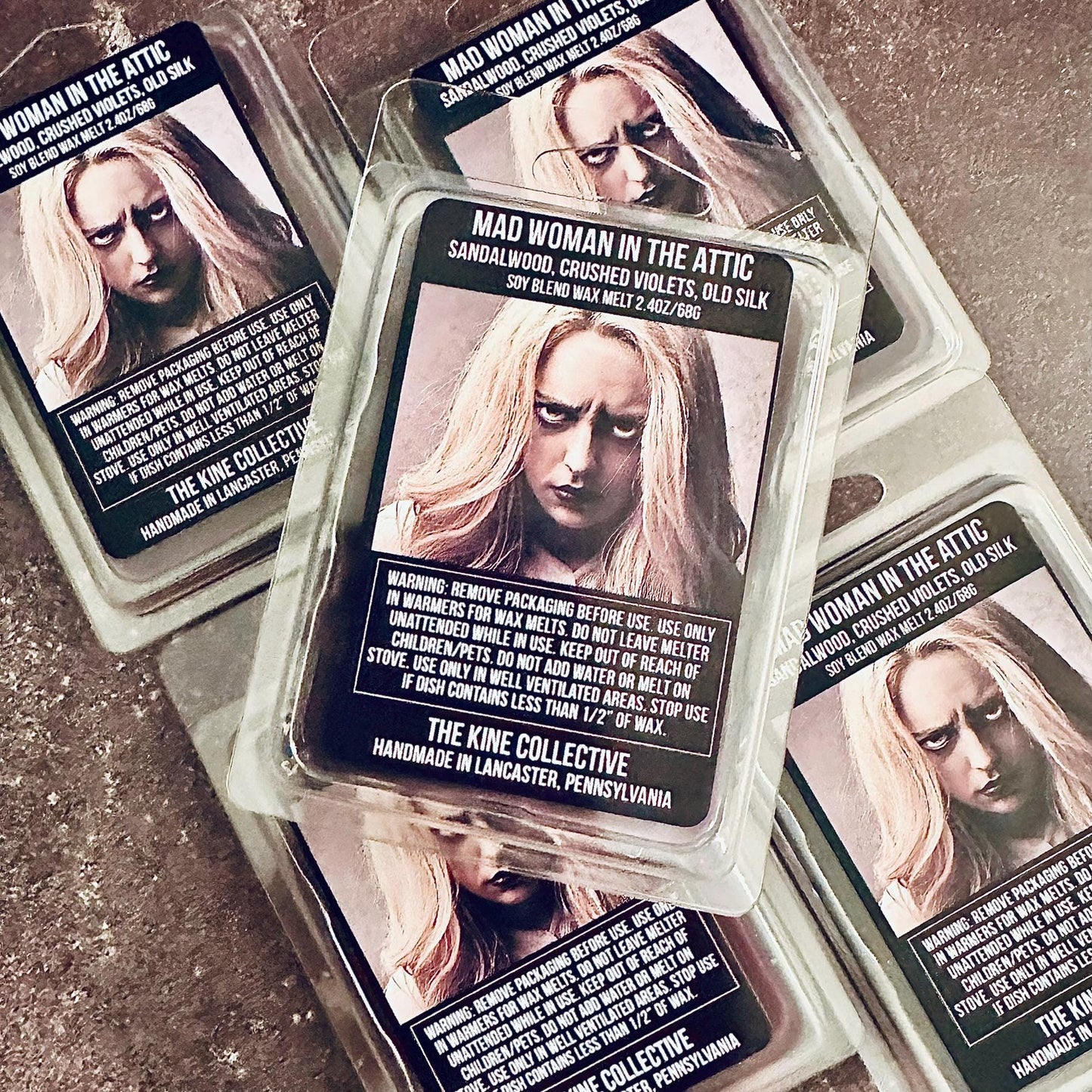 Mad Woman In The Attic - Sandalwood, Crushed Violet, Tattered Silk, Vanilla 2.4oz Artisan Soy Wax Melts