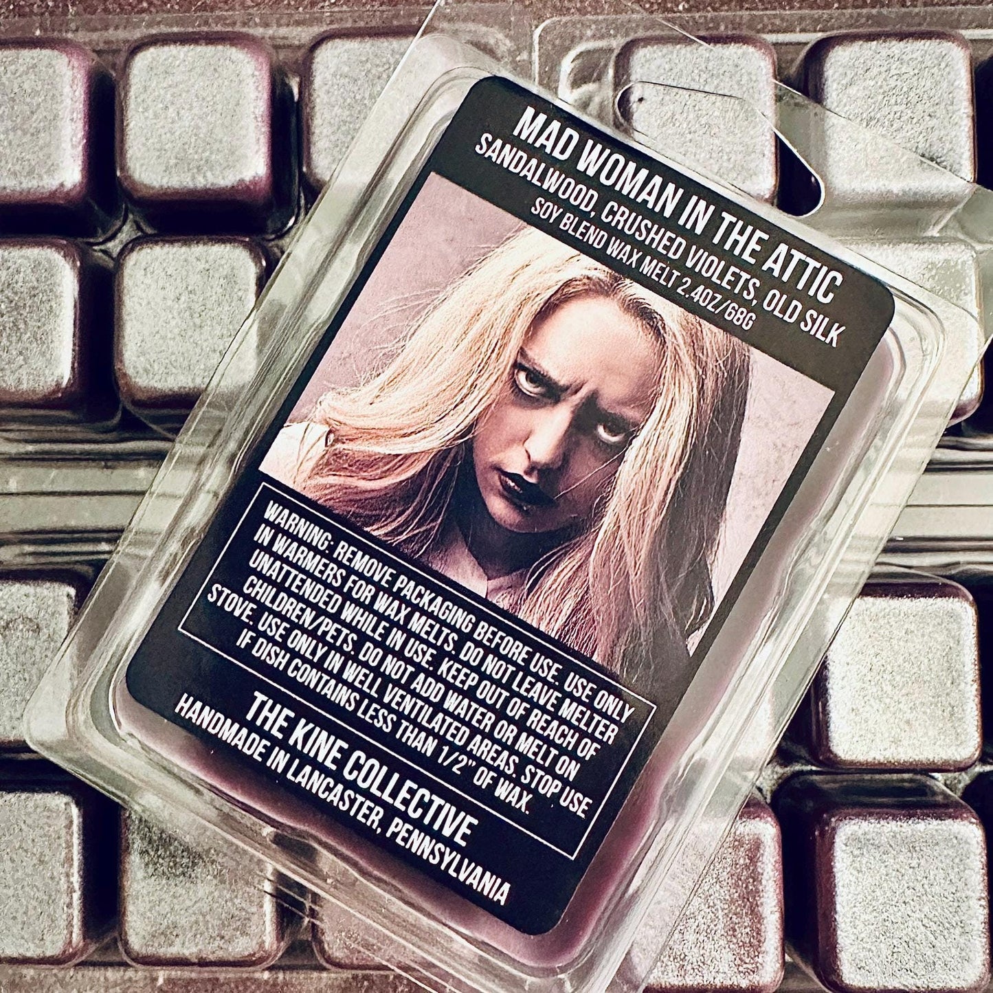 Mad Woman In The Attic - Sandalwood, Crushed Violet, Tattered Silk, Vanilla 2.4oz Artisan Soy Wax Melts