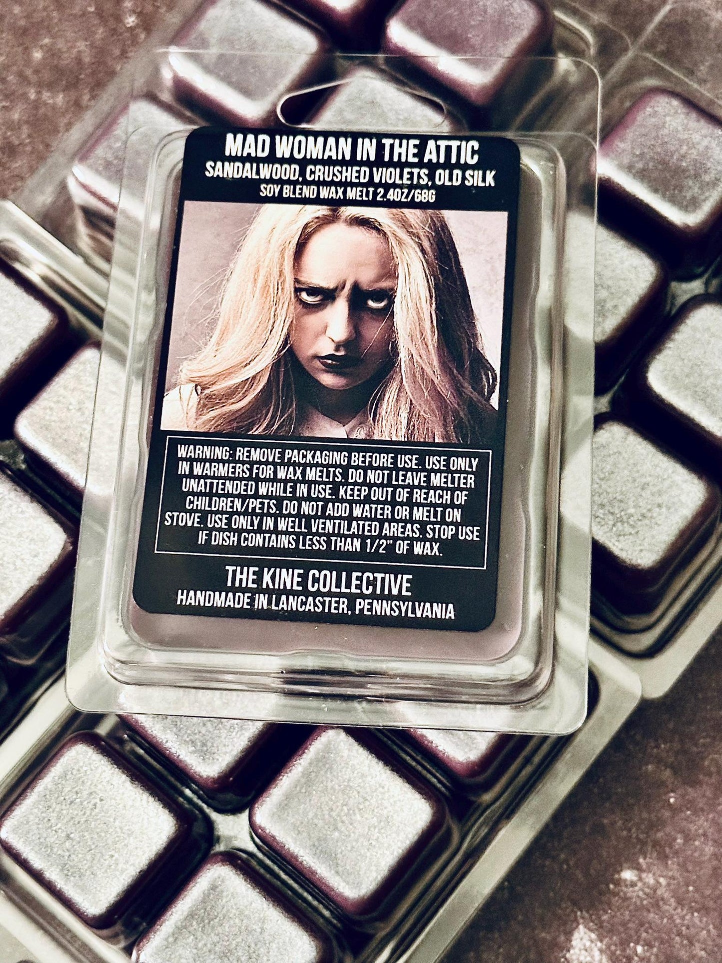 Mad Woman In The Attic - Sandalwood, Crushed Violet, Tattered Silk, Vanilla 2.4oz Artisan Soy Wax Melts