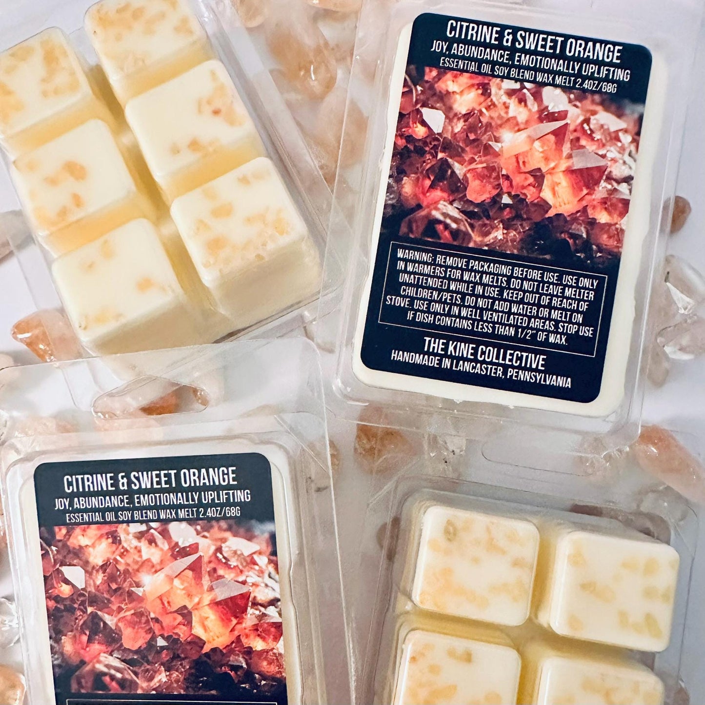 Citrine & Sweet Orange Essential Oil Infused  2.4oz Artisan Soy Wax Melts - Joy, Abundance, Emotional Uplifting