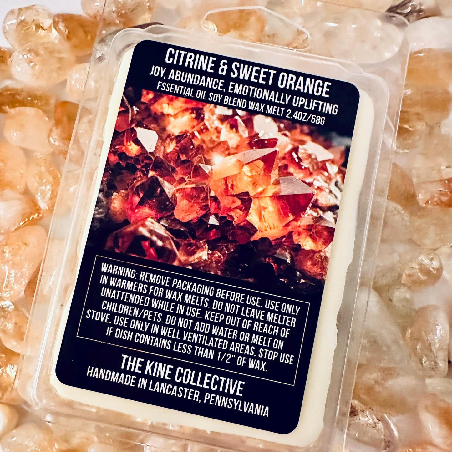 Citrine & Sweet Orange Essential Oil Infused  2.4oz Artisan Soy Wax Melts - Joy, Abundance, Emotional Uplifting