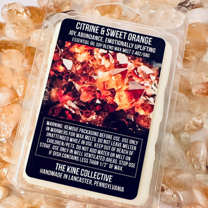 Citrine & Sweet Orange Essential Oil Infused  2.4oz Artisan Soy Wax Melts - Joy, Abundance, Emotional Uplifting