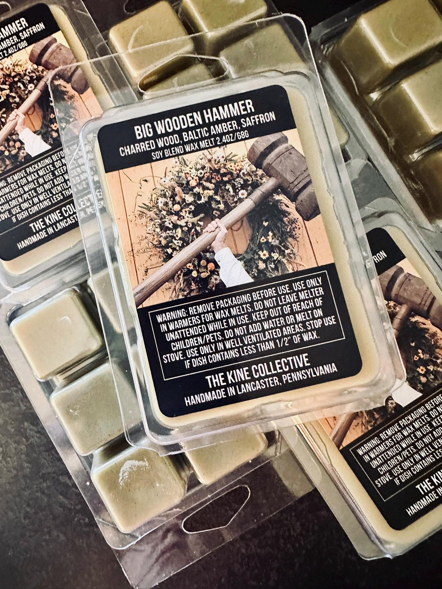 Big Wooden Hammer - Charred Wood, Baltic Amber, Saffron 2.4oz Artisan Soy Wax Melts