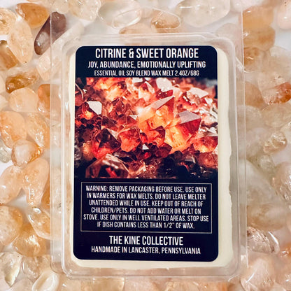 Citrine & Sweet Orange Essential Oil Infused  2.4oz Artisan Soy Wax Melts - Joy, Abundance, Emotional Uplifting