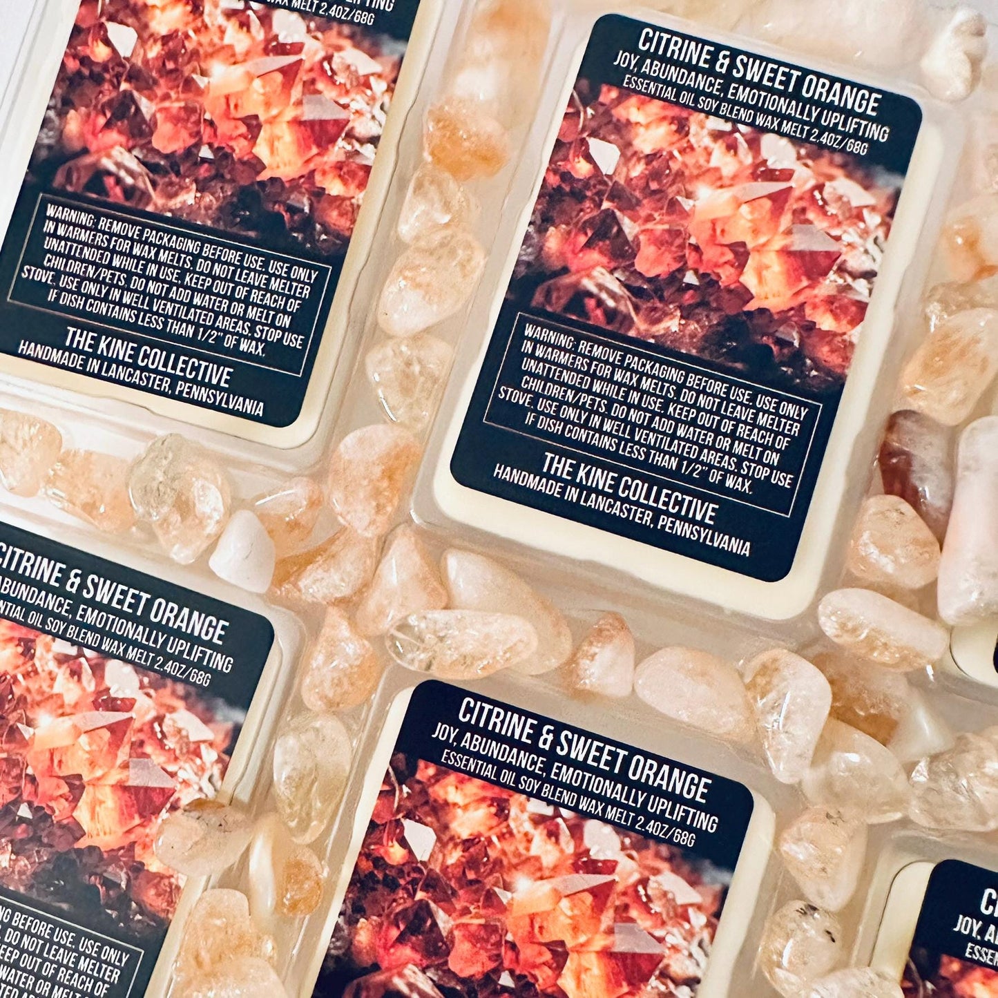 Citrine & Sweet Orange Essential Oil Infused  2.4oz Artisan Soy Wax Melts - Joy, Abundance, Emotional Uplifting