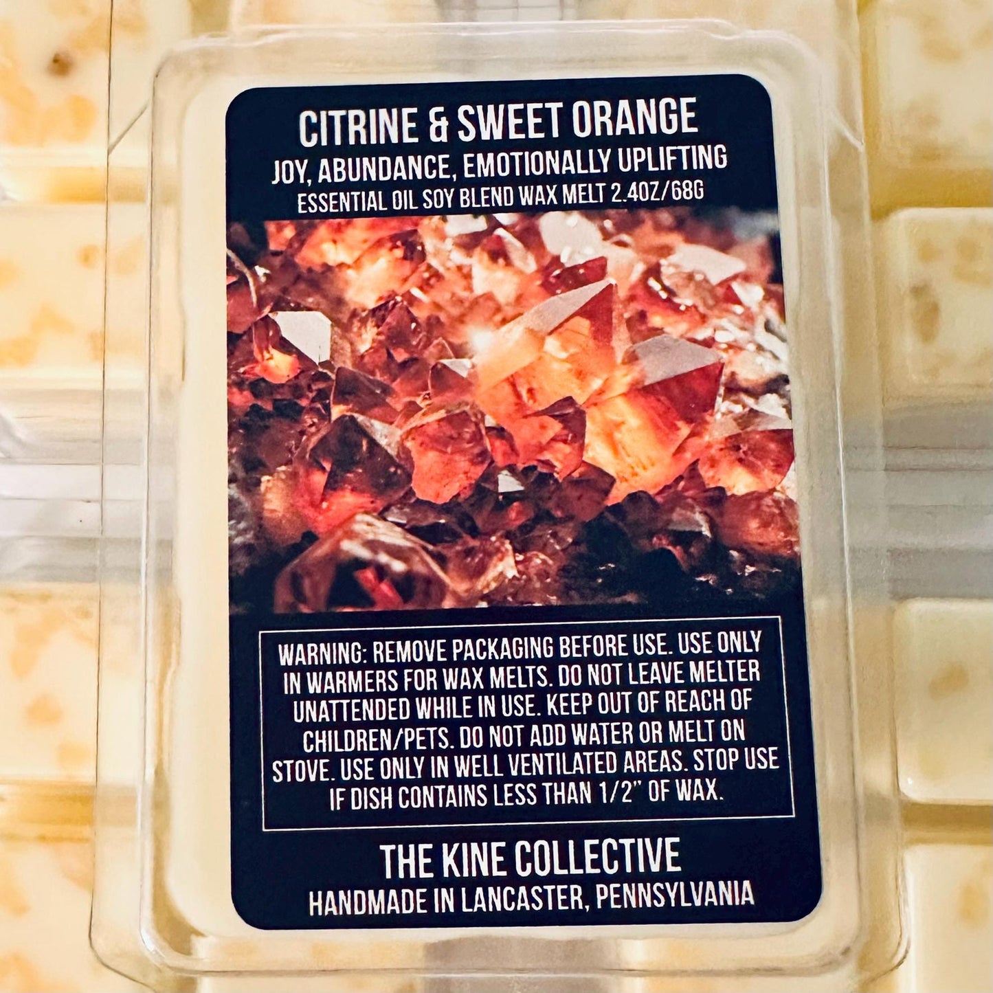 Citrine & Sweet Orange Essential Oil Infused  2.4oz Artisan Soy Wax Melts - Joy, Abundance, Emotional Uplifting