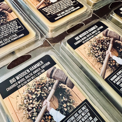 Big Wooden Hammer - Charred Wood, Baltic Amber, Saffron 2.4oz Artisan Soy Wax Melts