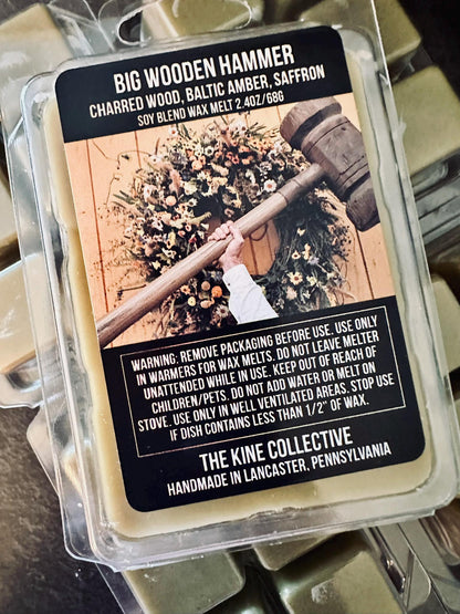 Big Wooden Hammer - Charred Wood, Baltic Amber, Saffron 2.4oz Artisan Soy Wax Melts
