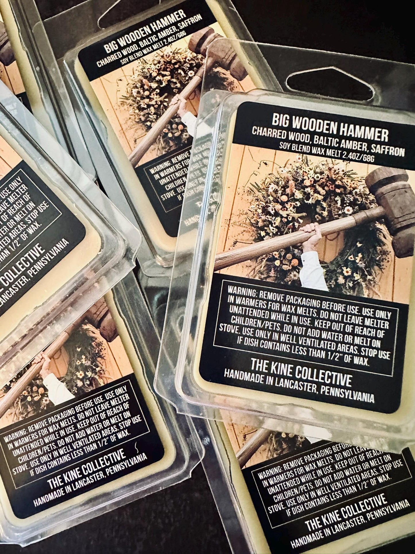 Big Wooden Hammer - Charred Wood, Baltic Amber, Saffron 2.4oz Artisan Soy Wax Melts