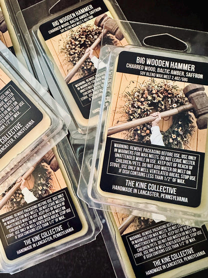 Big Wooden Hammer - Charred Wood, Baltic Amber, Saffron 2.4oz Artisan Soy Wax Melts