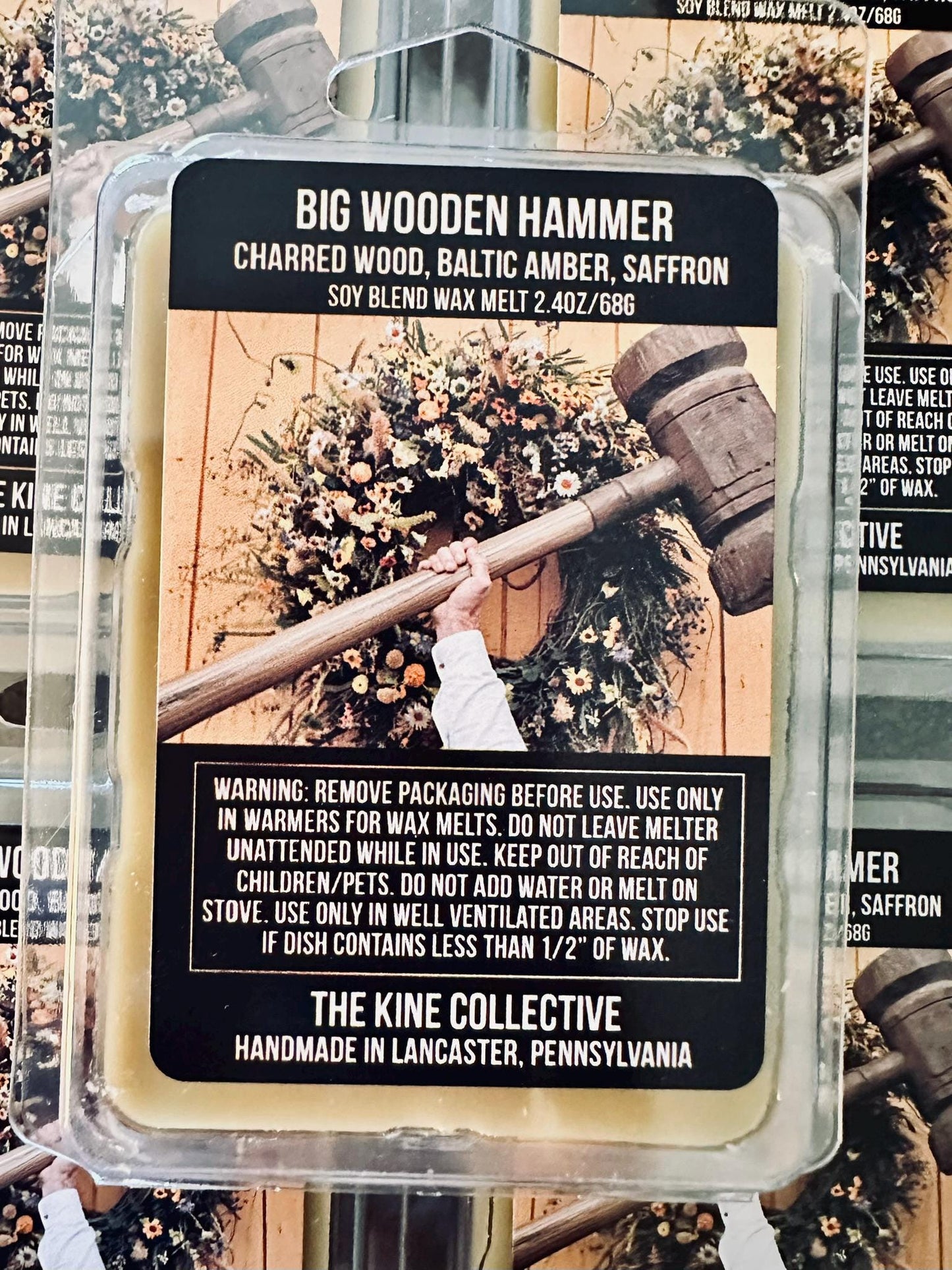Big Wooden Hammer - Charred Wood, Baltic Amber, Saffron 2.4oz Artisan Soy Wax Melts