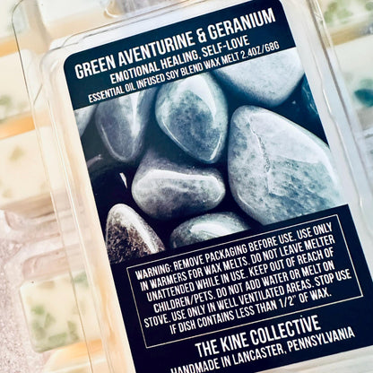 Green Aventurine & Geranium Essential Oil Infused  2.4oz Artisan Soy Wax Melts - Emotional Healing, Self-Love