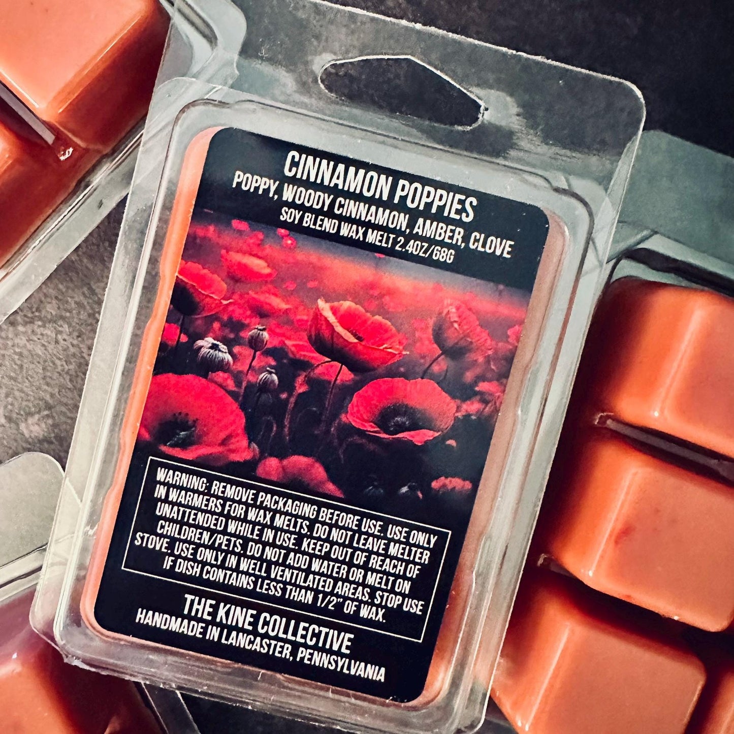 Cinnamon Poppies - Dark Woods, Poppy, Cinnamon, Amber, Clove 2.4oz Artisan Soy Wax Melts