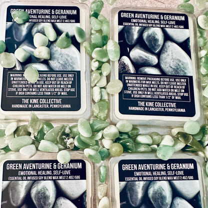 Green Aventurine & Geranium Essential Oil Infused  2.4oz Artisan Soy Wax Melts - Emotional Healing, Self-Love