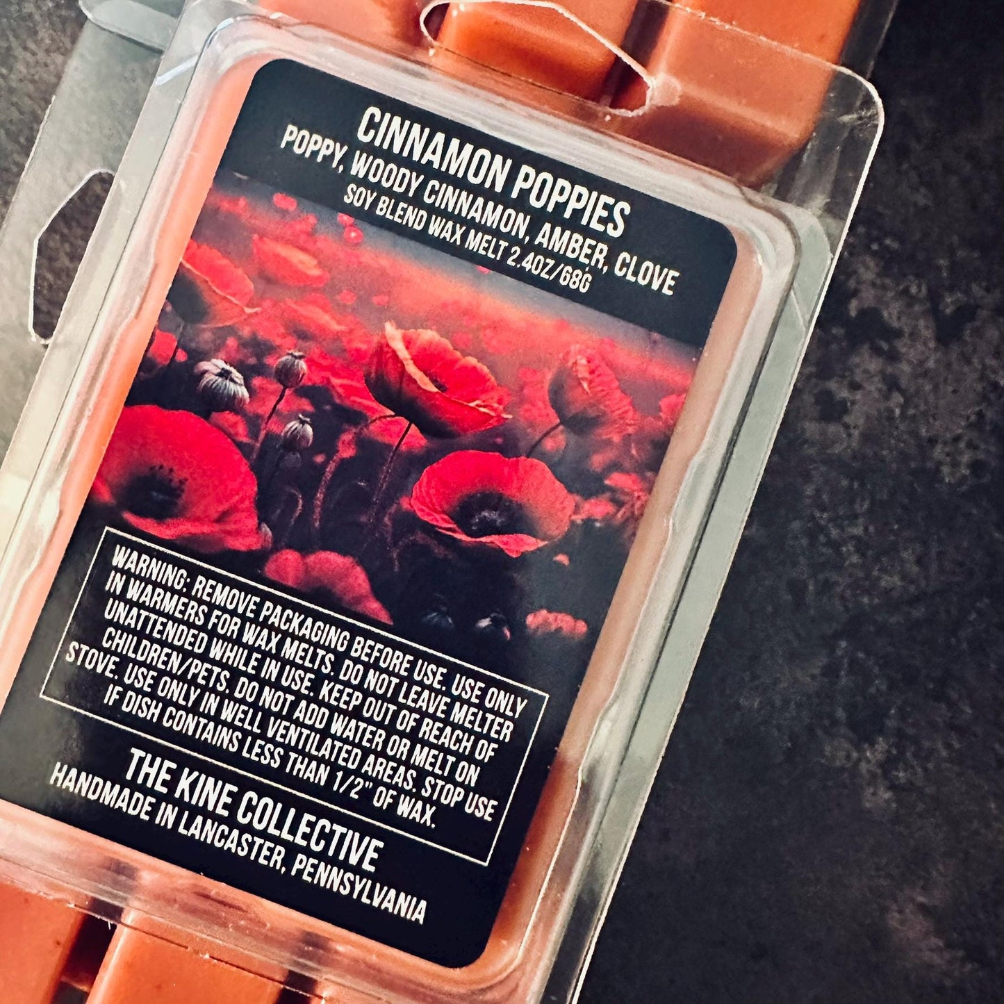 Cinnamon Poppies - Dark Woods, Poppy, Cinnamon, Amber, Clove 2.4oz Artisan Soy Wax Melts