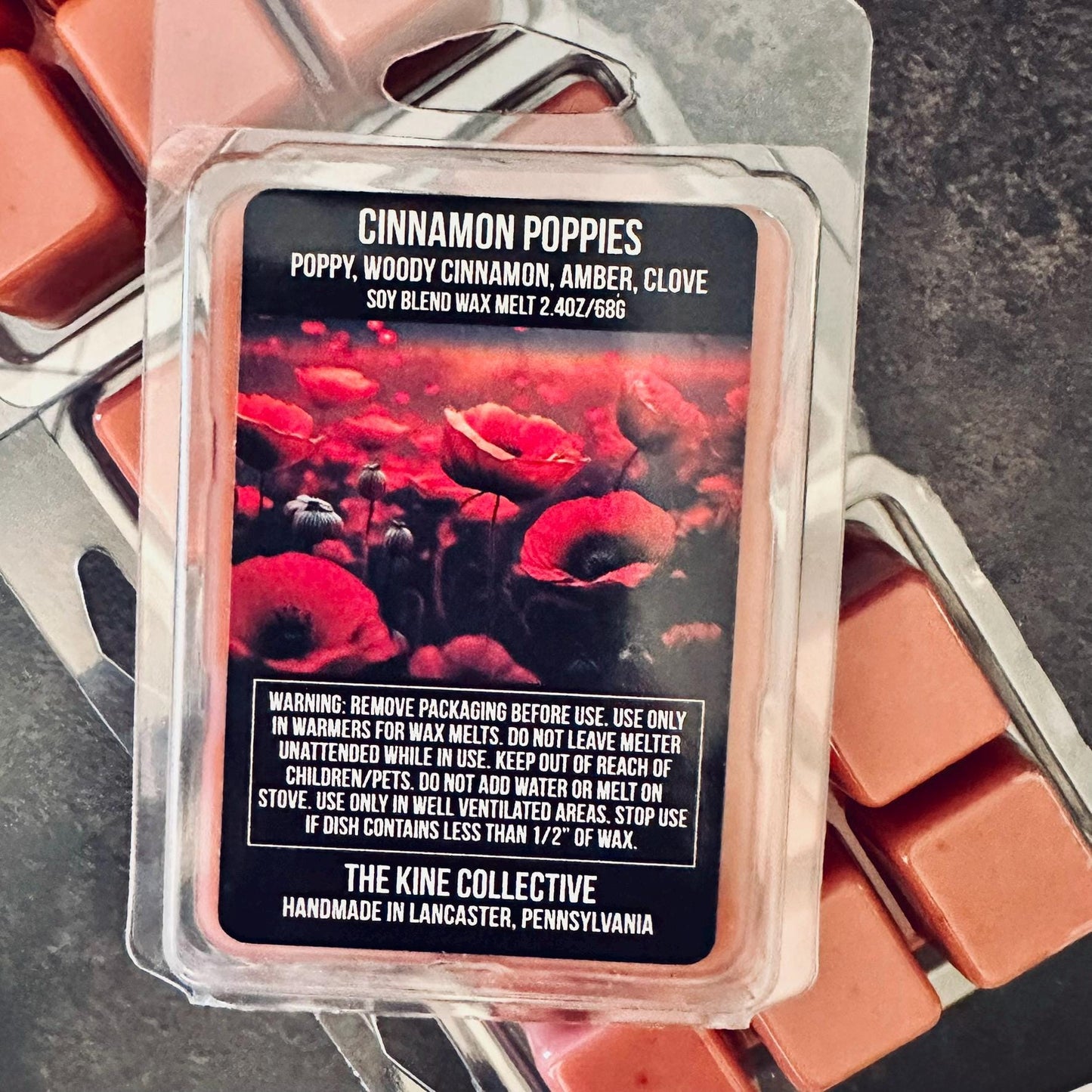 Cinnamon Poppies - Dark Woods, Poppy, Cinnamon, Amber, Clove 2.4oz Artisan Soy Wax Melts