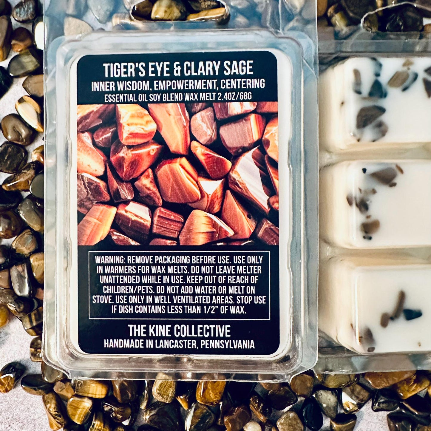 Tiger's Eye & Clary Sage Essential Oil Infused  2.4oz Artisan Soy Wax Melts - Inner Wisdom, Empowerment, Centering