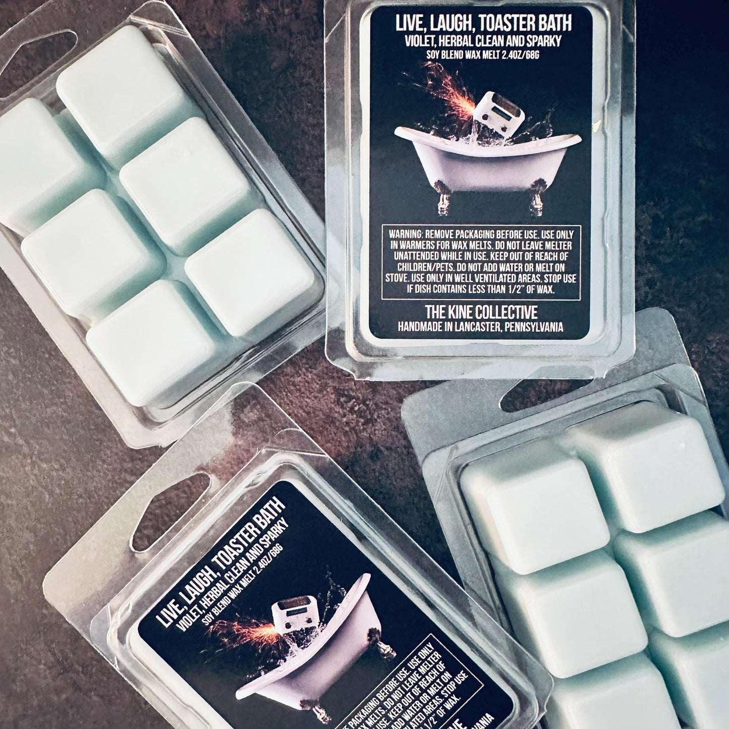 Live, Laugh, Toaster Bath - Violet, Herbal, Sparky Clean 2.4oz Artisan Soy Wax Melts