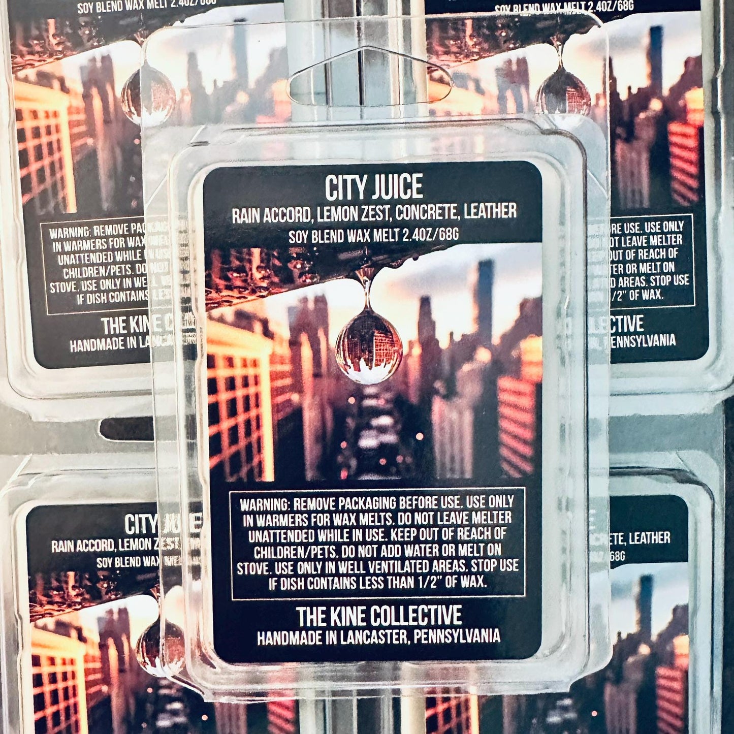 City Juice - Rain Accord, Lemon Zest, Concrete, Leather  2.4oz Artisan Soy Wax Melts