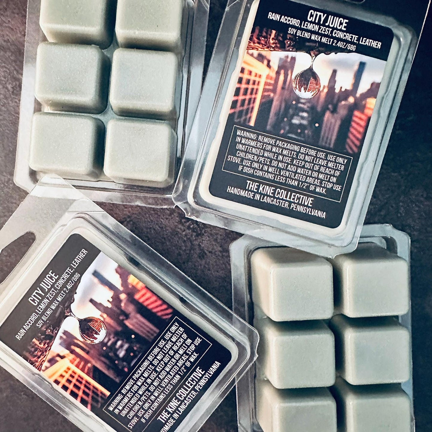 City Juice - Rain Accord, Lemon Zest, Concrete, Leather  2.4oz Artisan Soy Wax Melts