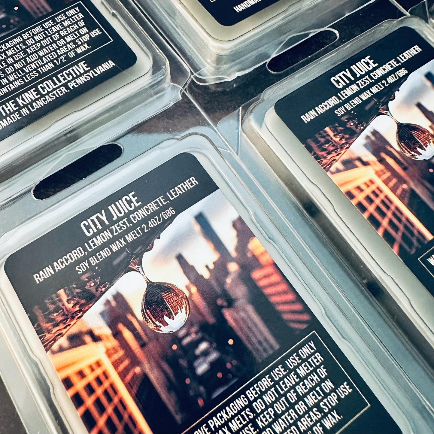 City Juice - Rain Accord, Lemon Zest, Concrete, Leather  2.4oz Artisan Soy Wax Melts